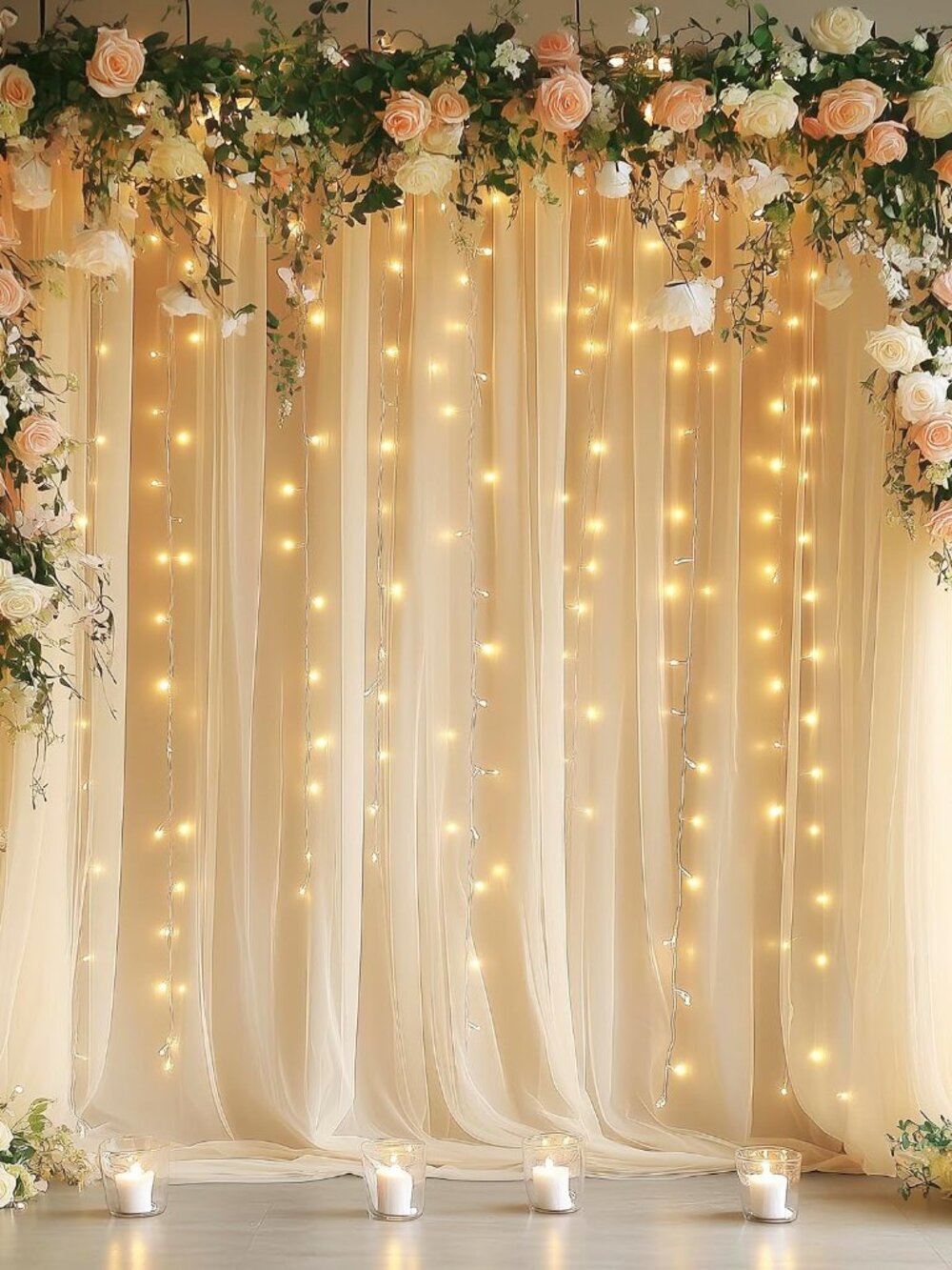Tulle Backdrop Curtains with Lights 10x8ft Sheer Champagne Curtain